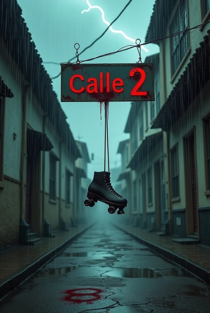 Create an image of a sign that says Calle 2 with a single roller skate hanging, covered in blood, and in the background, abandoned houses with thunder and rain., make it look like in real life