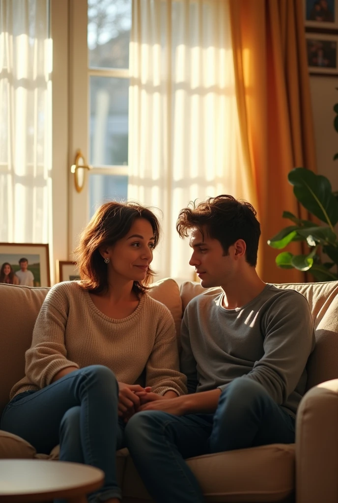 Image of a mother and  son talking on a sofa


