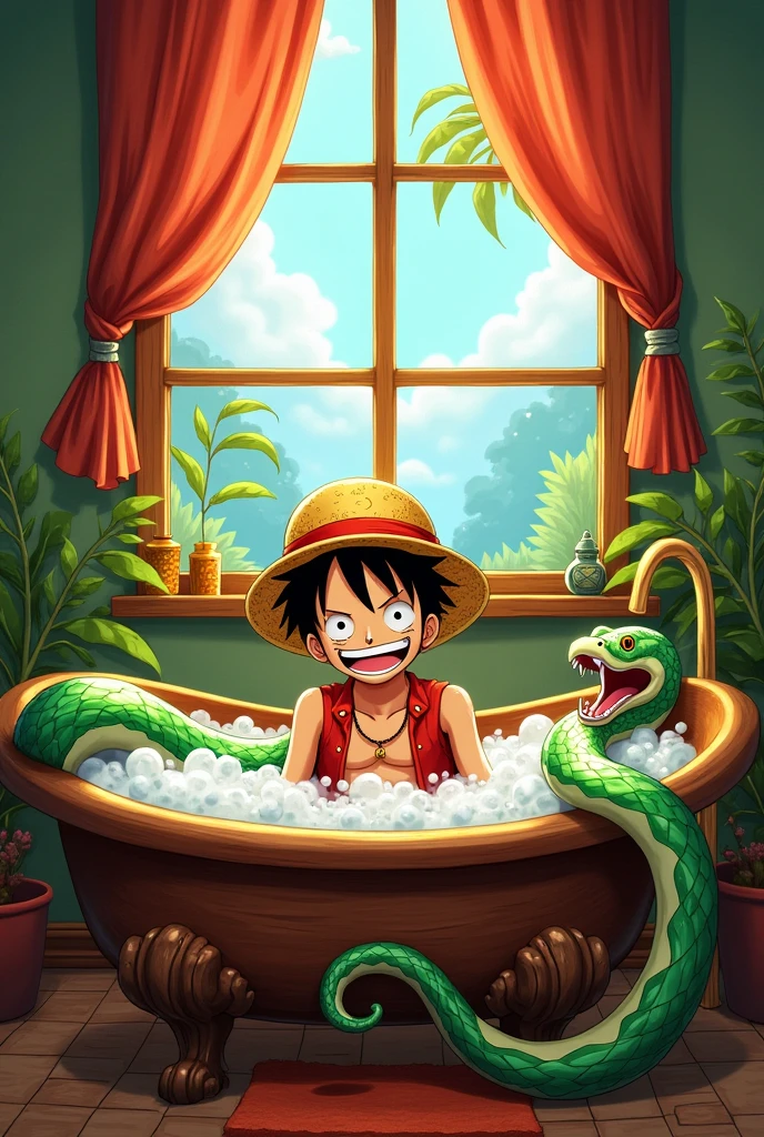 I have seen Luffy from One Piece taking a bath with a naked python.