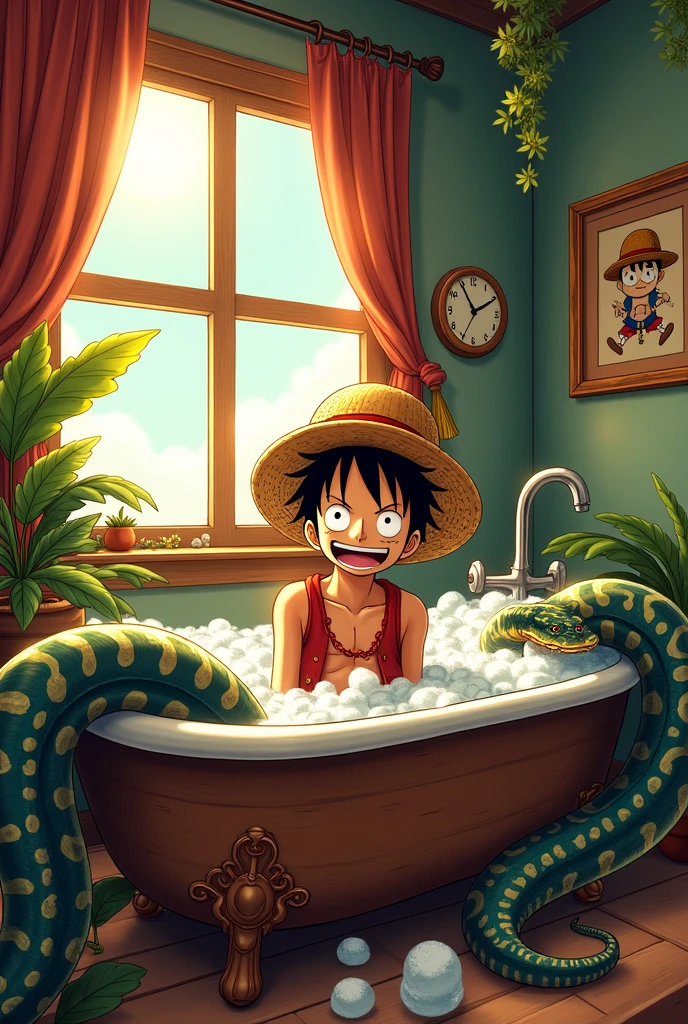 I have seen Luffy from One Piece taking a bath with a naked python.