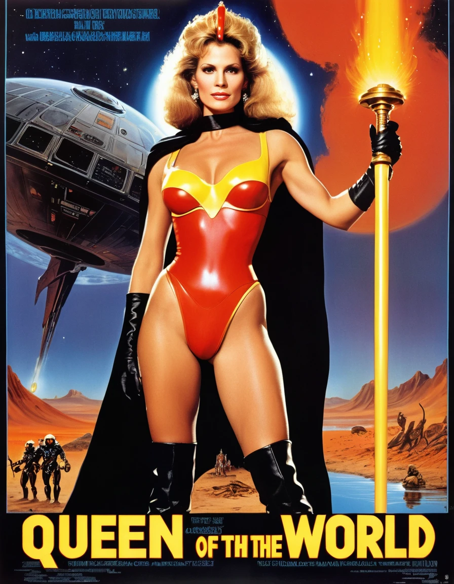 High quality, 1980s sci-fi movie poster, titled “Queen of the Final World” in bold large Yellow text centered on top, (40 years old), tall muscular ((Jewish woman)), dramatic pose, wide chin, big nose, broad shoulders, wide hips, thick thighs, blonde hair, red plastic helmet, golden shoulder pads, bare midriff, thigh-high boots, black cape, holding a magical staff, (standing in a river of fire) surrounded by beetle-men on desert alien planet, a smoldering crashed spaceship in the background, orange sky with two moons, ((full body shot))