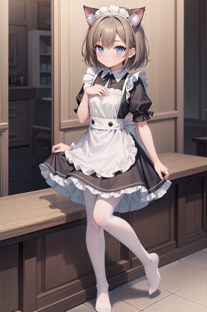 Solo Girl, 20-year-old,Medium Hair, Light brown hair, Mid-chest, highest quality, High resolution, Very detailed, Detailed Background, Perfect lighting、Extreme maid outfit、very cute, Blue eyes, a pair of cat ears, Blush, white silk socks, Black pantyhose, Show off your feet, No shoes on