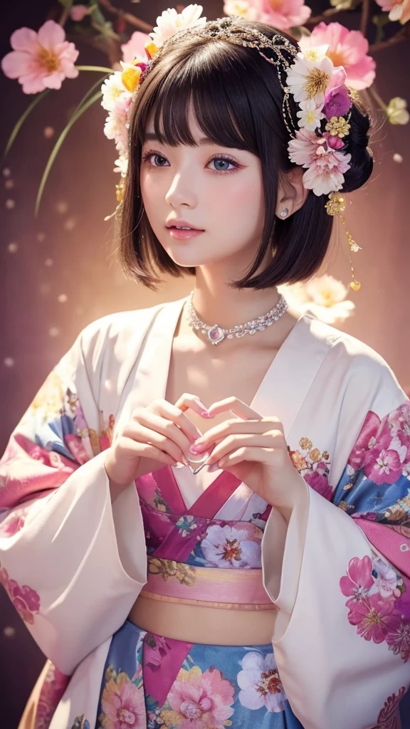 Spiritual Kaguyahime Colorful and gorgeous background Gorgeous floral pattern Sparkling optimistic beauty Optimistic flower-patterned heart crystal🔮 Blonde short hair