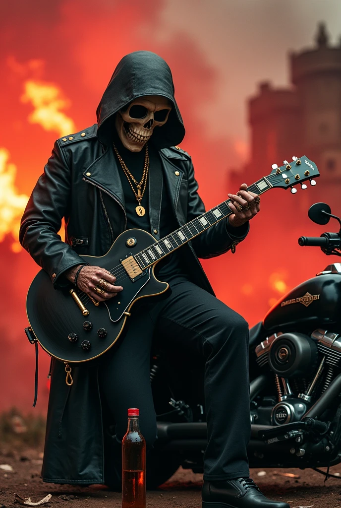 a full-length skull wearing a black leather jacket, rings on his fingers and a gold chain with a "TJ" pendant playing a les paul guitar as the world ends, red rays falling from the sky giving a tone of chaos to the image , with a castle on fire in the background and a Harley Davidson motorbike on the side, a broken bottle of whiskey on the floor