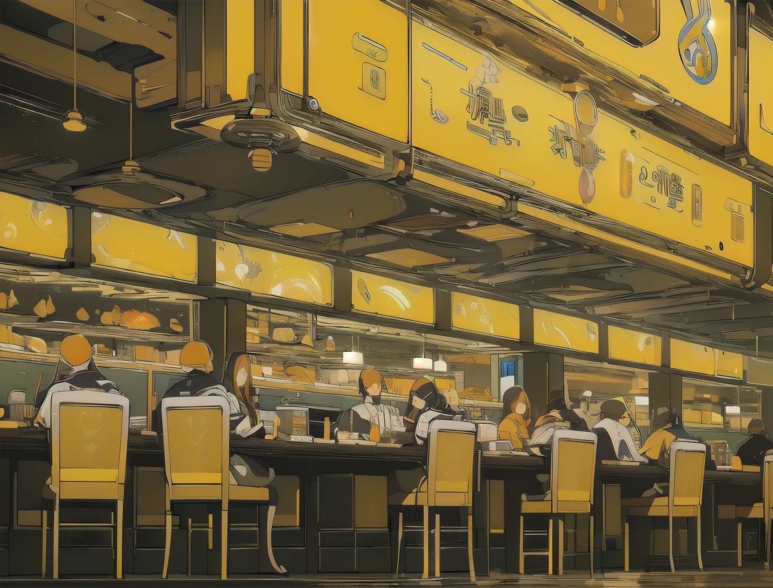 (((Masterpiece, top quality))), (((32K wallpaper))), ultra high resolution, gorgeous light leak, (((backlit))), highly detailed background, top quality, (((((no humans))))), An empty futuristic restaurant、 (((Yellow sign))),  ((((Perfect and detailed with many dishes and food))), (((Ultra-detailed futuristic restaurant)))、Yellow and orange logo、(((Japanese Restaurant)))