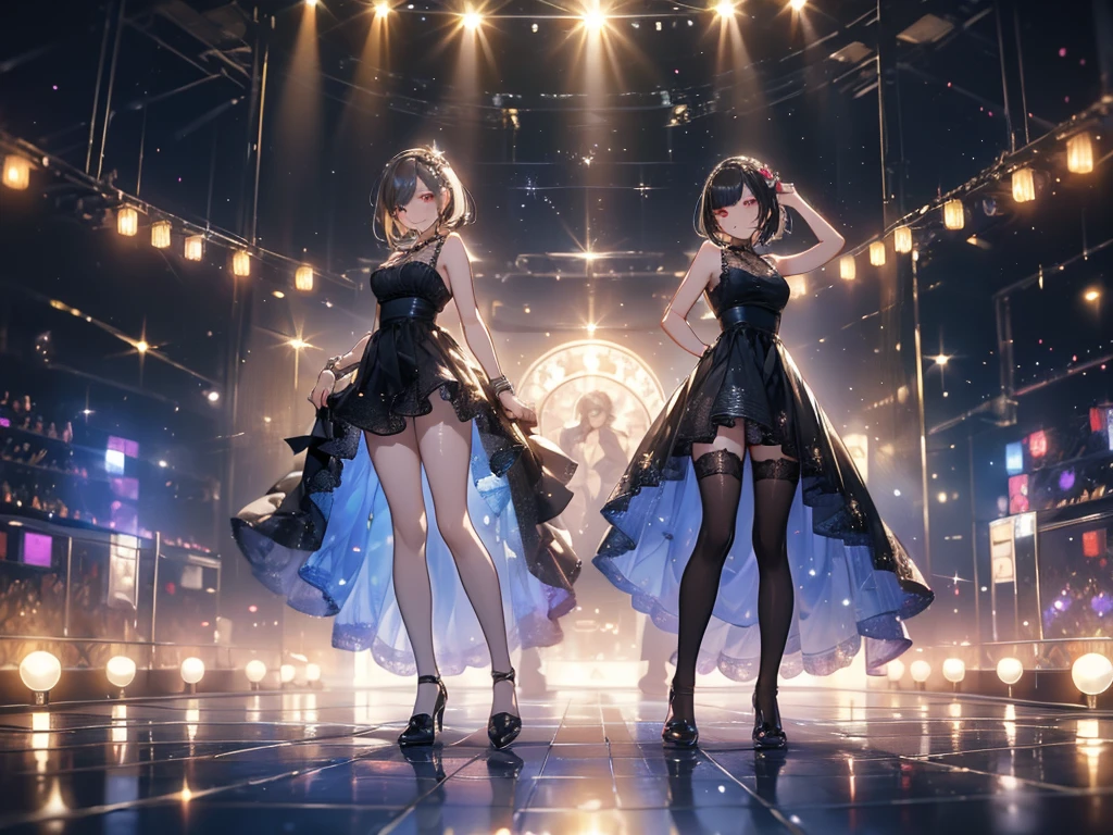 ((masterpiece, best quality)), Delicate face，Idol singer，Singing，Stage Background，earphone，Girl Group，whole body，Standing picture，Smile，Perfect body proportions，Long legs，Short hair handsome，Beautiful glowing eyes，Extremely beautiful，transparent，Fun，sexly，Lace，Fishnet stockings，Star decoration