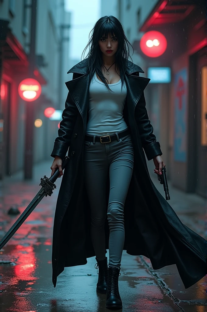 Create a character with the following characteristics: hypdertailed, left-eyed, wears a black overcoat with a white tank top and grey pants, uses a sword and two revolvers