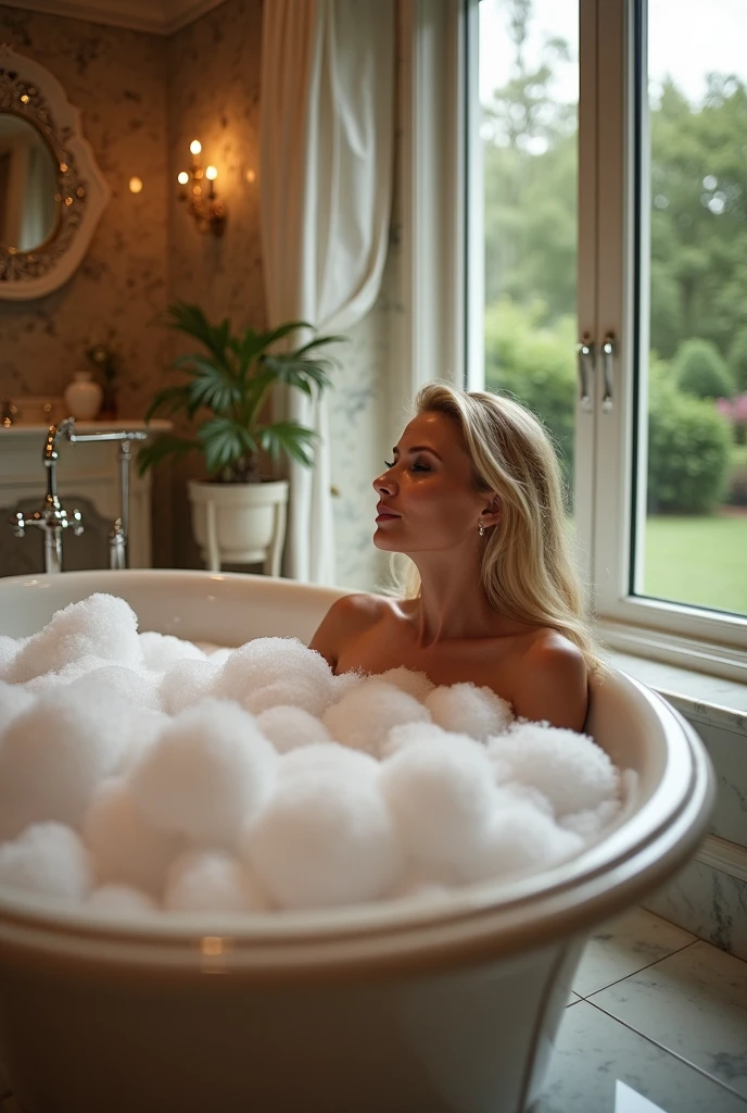 wife, bionde, corps courbe, tetas grandes, mature, high quality, Better quality, dans son bain, large bathroom, tout le corps cacher par la mousse