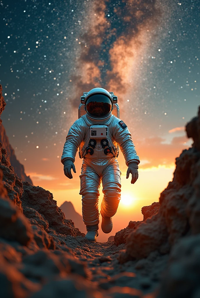 astronaut,Crawling out of the earth,abstract,The stars shine,Starry Sky Milky Way,It has a dreamlike magical feeling,Close shot,Cyberpunk light,Gold and silver tone,close-up view,Best quality,Ultra-detailed 4k8k,webp,Size 9:16