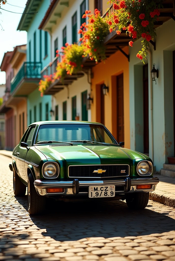 Chevette dark green metallic paint, MCZ 1 9 8 9 license plate and Chevrolet logo, cobblestone street and old houses from the 60s, northeast of Brazil