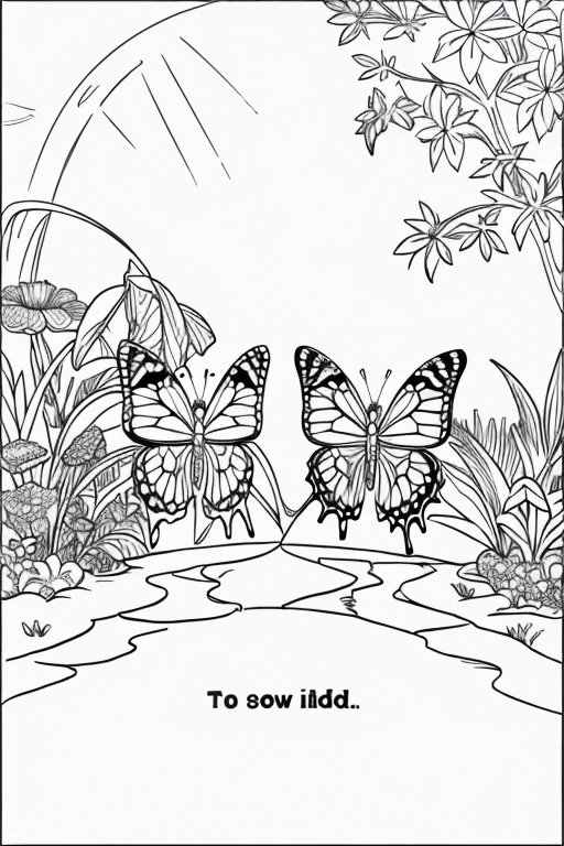 Coloring page for kids, cartoon style, low detail, no shadows, black and white image, butterflies, Mysterious Garden