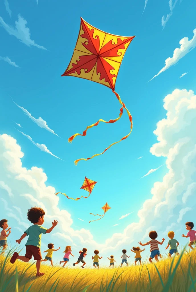 In the same open field, Ali’s simple kite is now soaring high above the others. The handmade kite, with its rustic design, catches the wind perfectly, flying higher than the colorful, store-bought kites of the other children. The other children, who were laughing earlier, now stand in awe, watching Ali’s kite in amazement. The sky is a brilliant blue, with the sun shining brightly, symbolizing Ali's success."