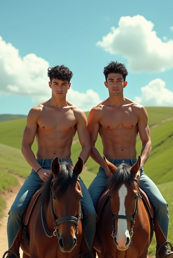 Two handsome young men, beautiful faces, white skin, soft skin, thin, short black hair, shirtless, riding horses together.