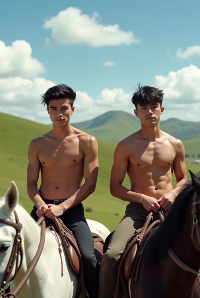 Two handsome young men, beautiful faces, white skin, soft skin, thin, short black hair, shirtless, riding horses together.