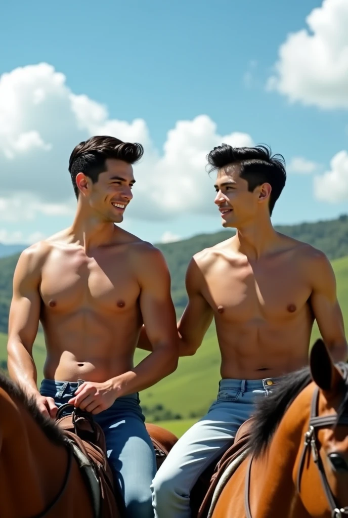 Two handsome young men, beautiful faces, white skin, soft skin, thin, short black hair, shirtless, riding horses together.
