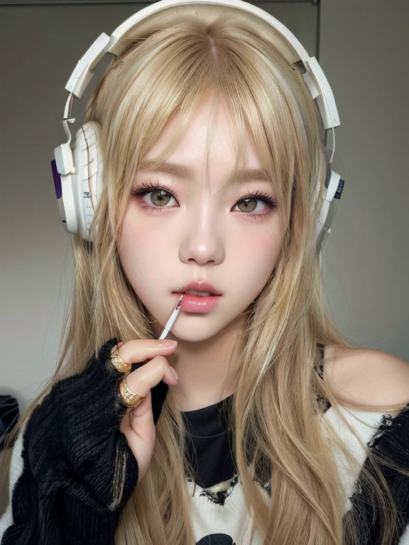blond haired girl with headphones and a cigarette in her mouth, ulzzang, popular south korean makeup, anime vibes, lalisa manobal, kawaii realistic portrait, artwork in the style of guweiz, anime girl in real life, wan adorable korean face, korean girl, lalisa manoban of blackpink, anime inspired, ig model | artgerm