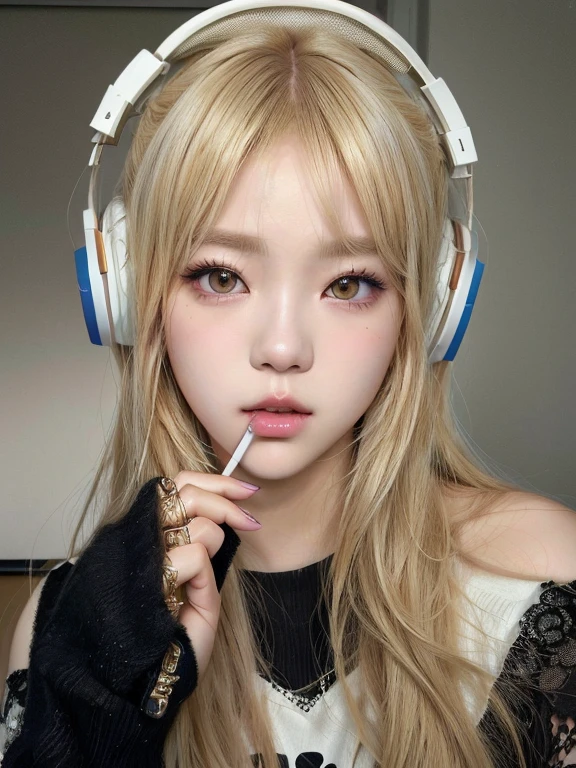 blond haired girl with headphones and a cigarette in her mouth, ulzzang, popular south korean makeup, anime vibes, lalisa manobal, kawaii realistic portrait, artwork in the style of guweiz, anime girl in real life, wan adorable korean face, korean girl, lalisa manoban of blackpink, anime inspired, ig model | artgerm