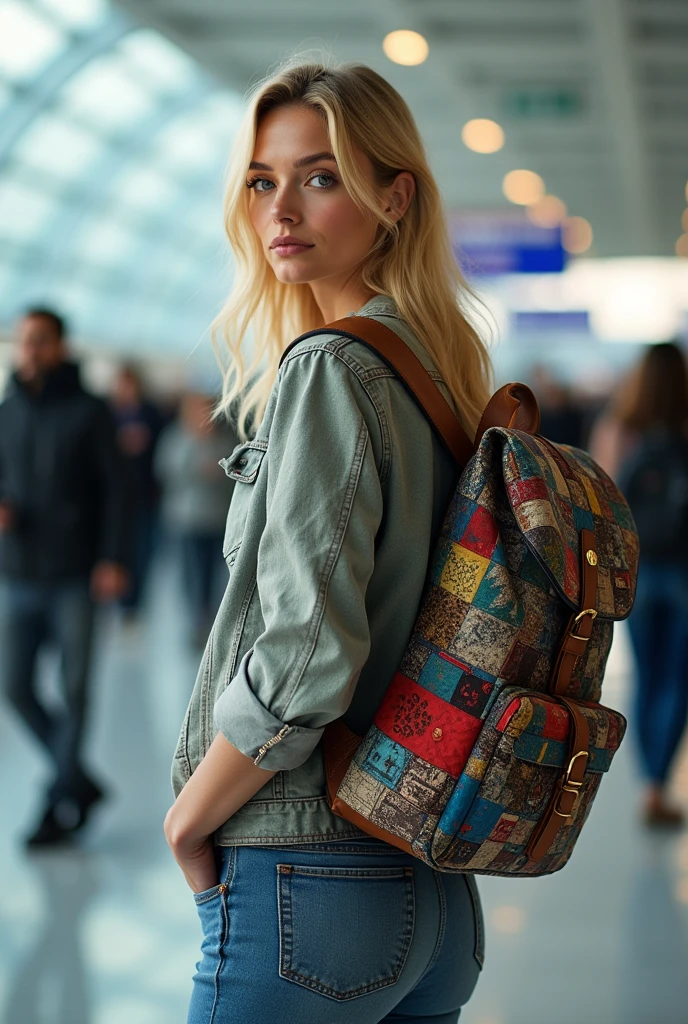 Beautiful 24 year old blonde girl with blue eyes and big breasts stands at the Barajas airport in Madrid with an extremely detailed backpack, realistic, photorealistic, high quality, 4k, 8k, masterpiece, ultra detailed, vivid colors, HDR, studio lighting, sharp focus, physical representation, professional portrait