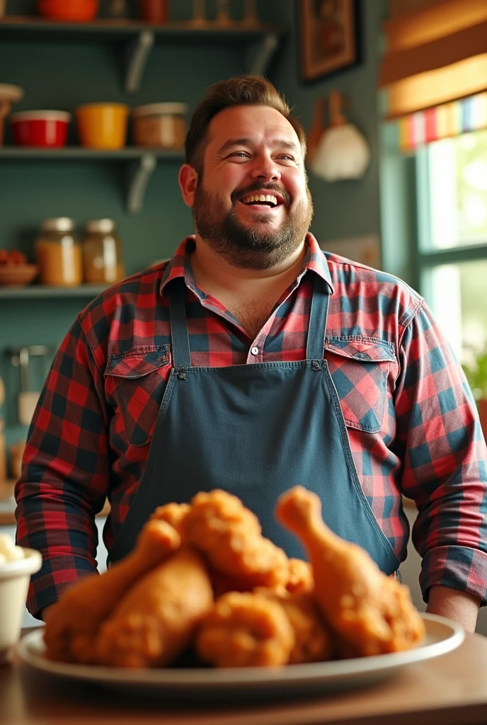 A medium fat man,There is delicious fried chicken ahead.,