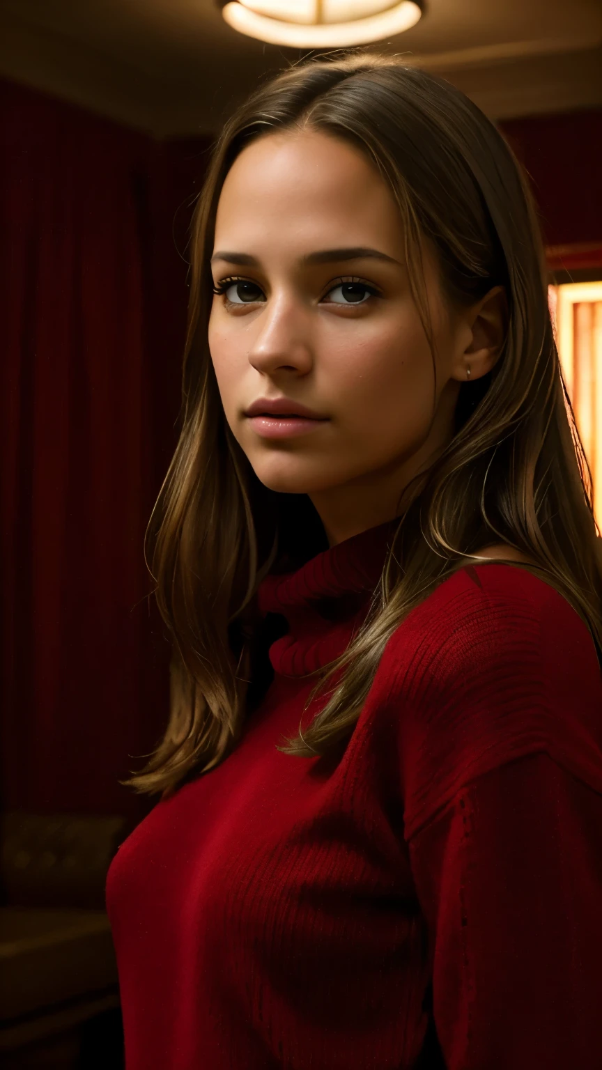 Foto hiperrealista en primer plano de Alicia Vikander, masterpiece, best quality, (photorealistic:1.4), portrait photo, red sweater, night in living room, during the night, dark night, during night, cinematic light, beautiful woman, skinny, medium breasts, straight dark blond hair, detailed face, photo taken from a distance, age 20 years old