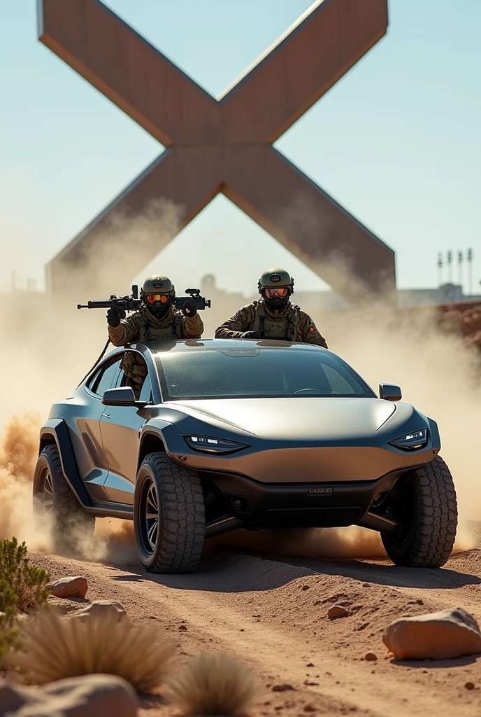 Swedish special forces driving a Tesla Cybertruck doing wheelies around a big X sign with a massive heavy machine gun