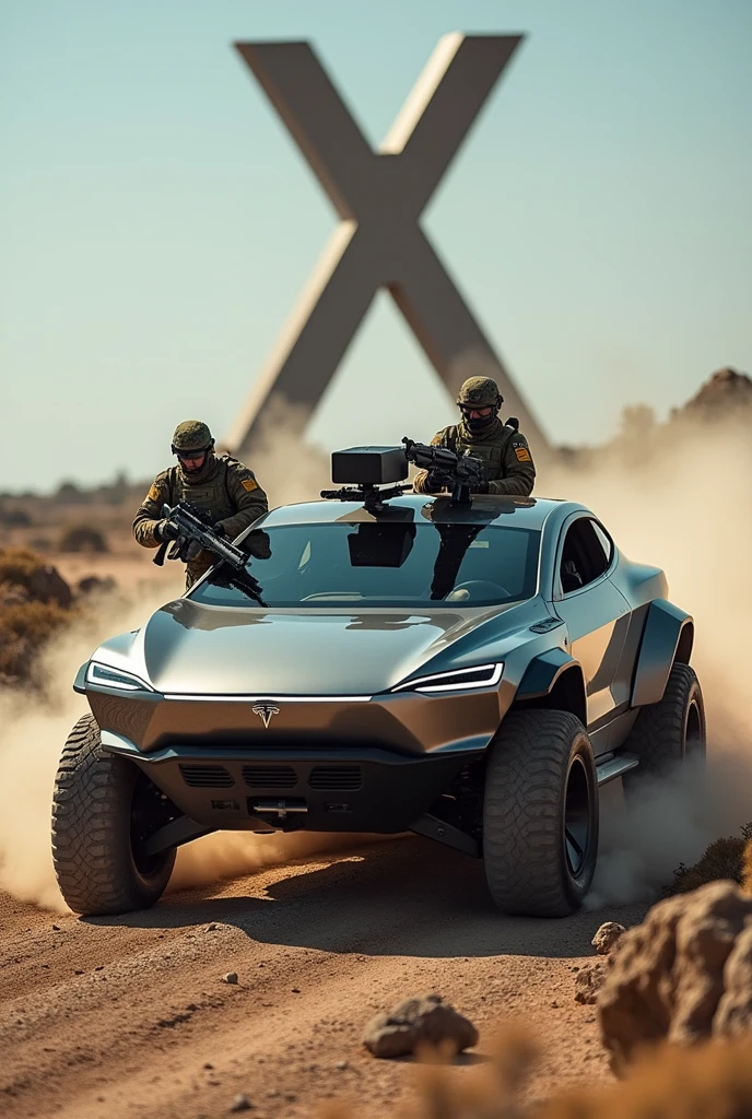 Swedish special forces driving a Tesla Cybertruck doing wheelies around a big X sign with a massive heavy machine gun