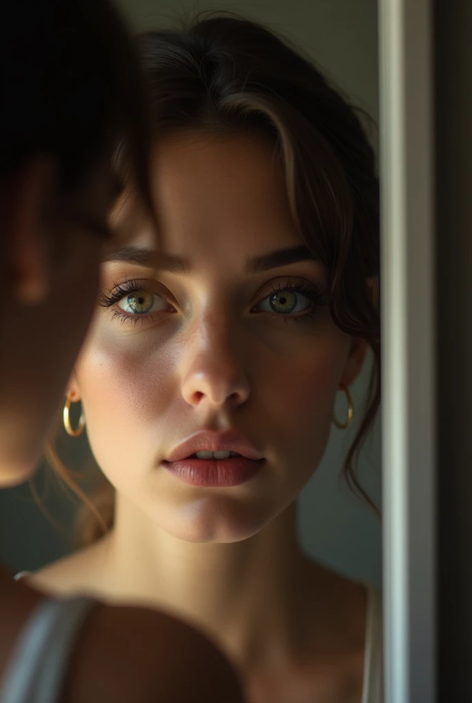 a person in the mirror holding a cellphone, detailed facial features, beautiful detailed eyes, beautiful detailed lips, extremely detailed eyes and face, long eyelashes, realistic, photorealistic, photo-realistic:1.37, best quality,4k,8k,highres,masterpiece:1.2,ultra-detailed,HDR,UHD,studio lighting,ultra-fine painting,sharp focus,physically-based rendering,extreme detail description,professional,vivid colors,bokeh,portrait