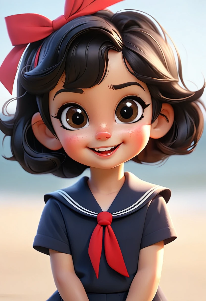 cute toddler girl face, round eyes, short black bob hair, smiling, wearing sailor clothes with red tie. Sunrise light