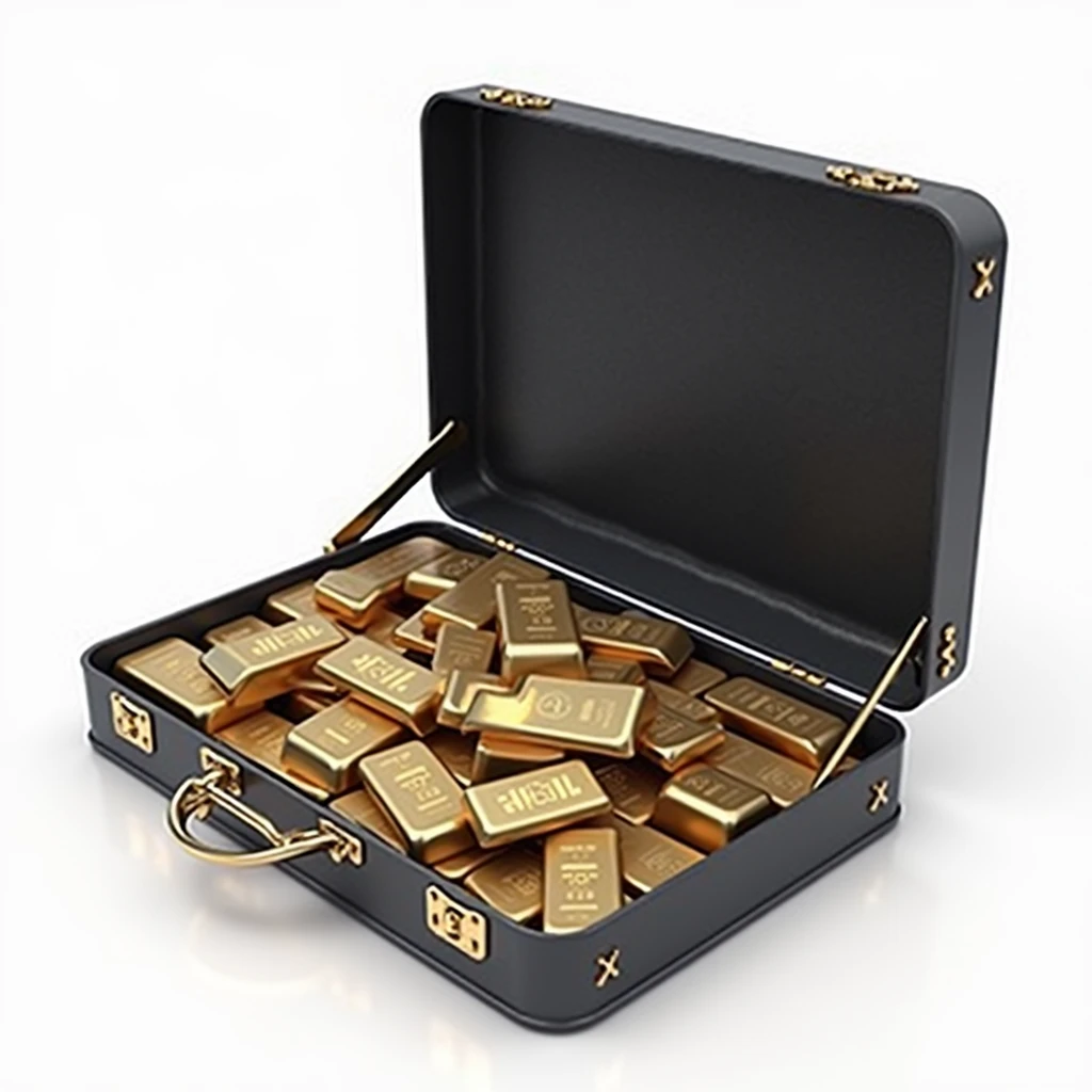 (masterpiece, top quality, best quality, official art,beautiful and aesthetic:1.2),(4k,8k, best quality,masterpiece:1.2),(((white background))), solo,Game item, black box in an open state, containing gold bars. It incorporates gangster elements, with a clear and accurate structure, modern realistic representation, consistent lighting, and natural believability.