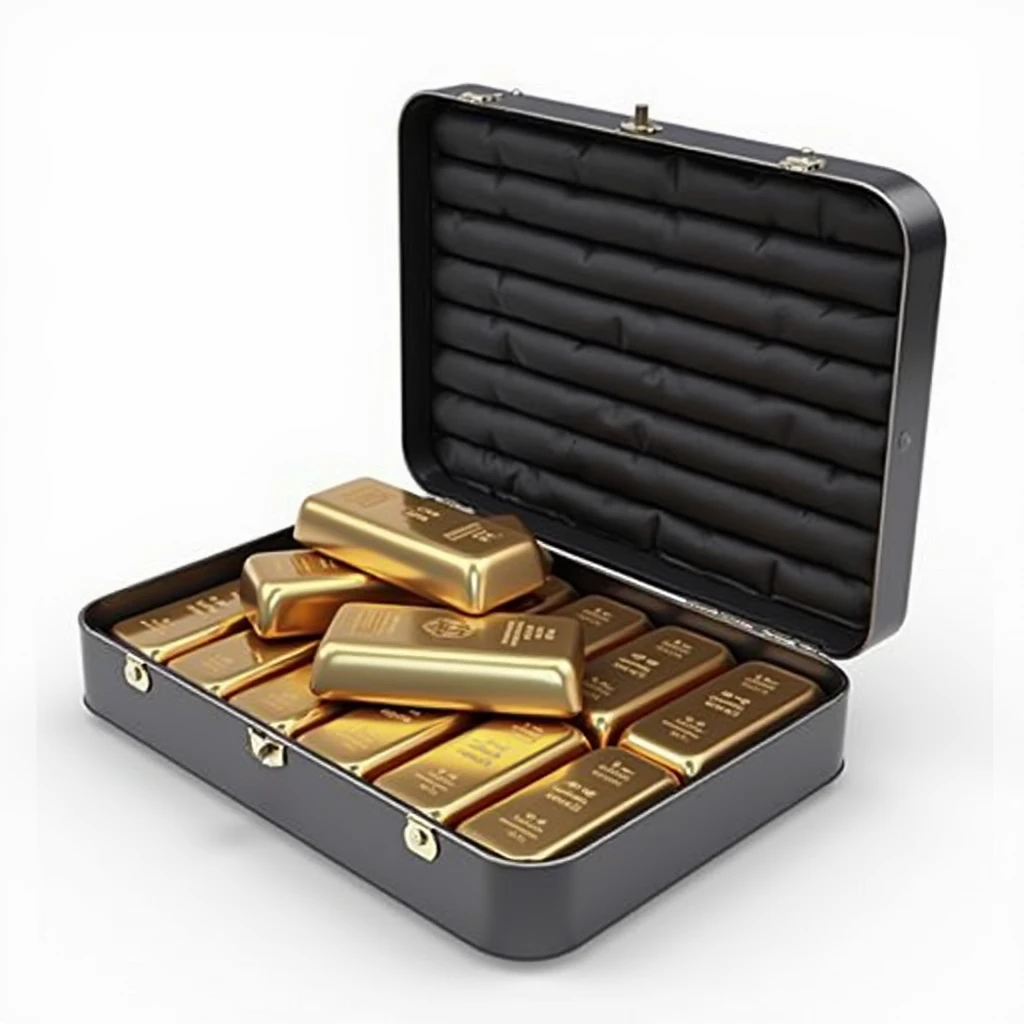 (masterpiece, top quality, best quality, official art,beautiful and aesthetic:1.2),(4k,8k, best quality,masterpiece:1.2),(((white background))), solo,Game item, black box in an open state, containing gold bars. It incorporates gangster elements, with a clear and accurate structure, modern realistic representation, consistent lighting, and natural believability.
