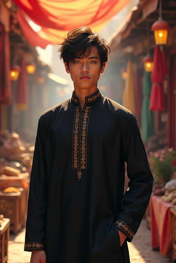 Satoru Gojo in innocent face , wearing shalwar qameez traditional clothes of Pakistani men's, black shalwar qameez ,