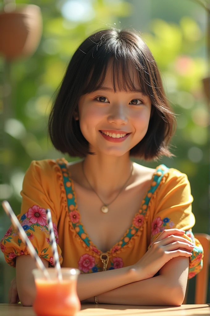 Tabletop, Highest quality, figure, Very detailed, In detail, High resolution, 8k wallpaper, Perfect dynamic composition, Beautiful attention to detail, Face Focus, Women's Fashion Summer,Short Bob Hair,Natural color lip, ,smile,Harajuku、18-year-old girl、cute、looking at the camera