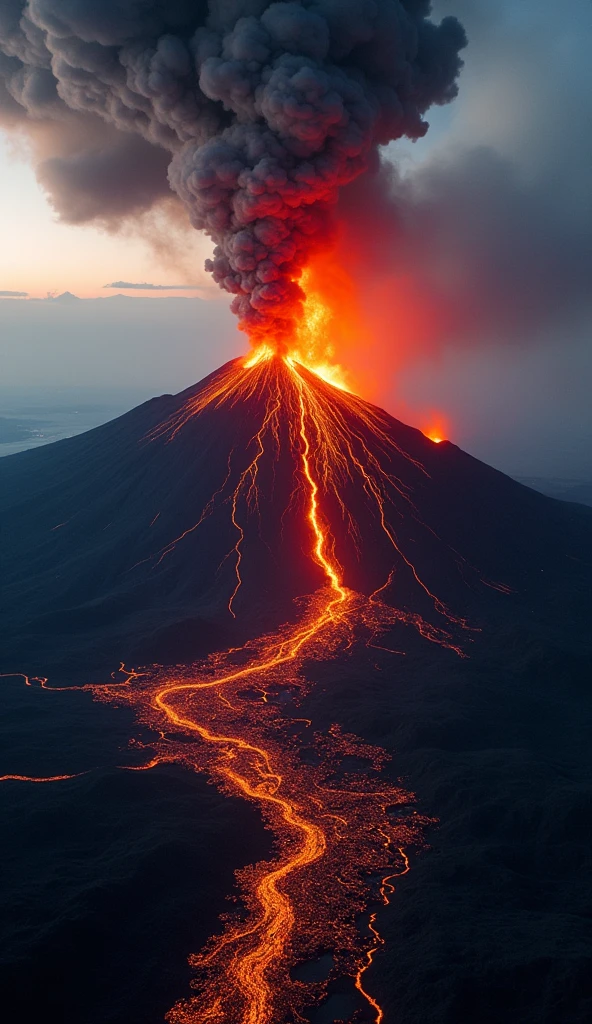 An aerial view of a volcanic eruption captured from a safe distance by a drone. The volcano is spewing molten lava and ash high into the sky, with fiery red and orange lava flows cascading down the sides of the mountain. Thick clouds of smoke and ash billow upwards, contrasting against the dark sky. The surrounding landscape is rugged and scorched, with glowing lava illuminating the scene. The image captures the raw power and intensity of the eruption, showcasing the dramatic and awe-inspiring forces of nature. From a high point of view. 4k