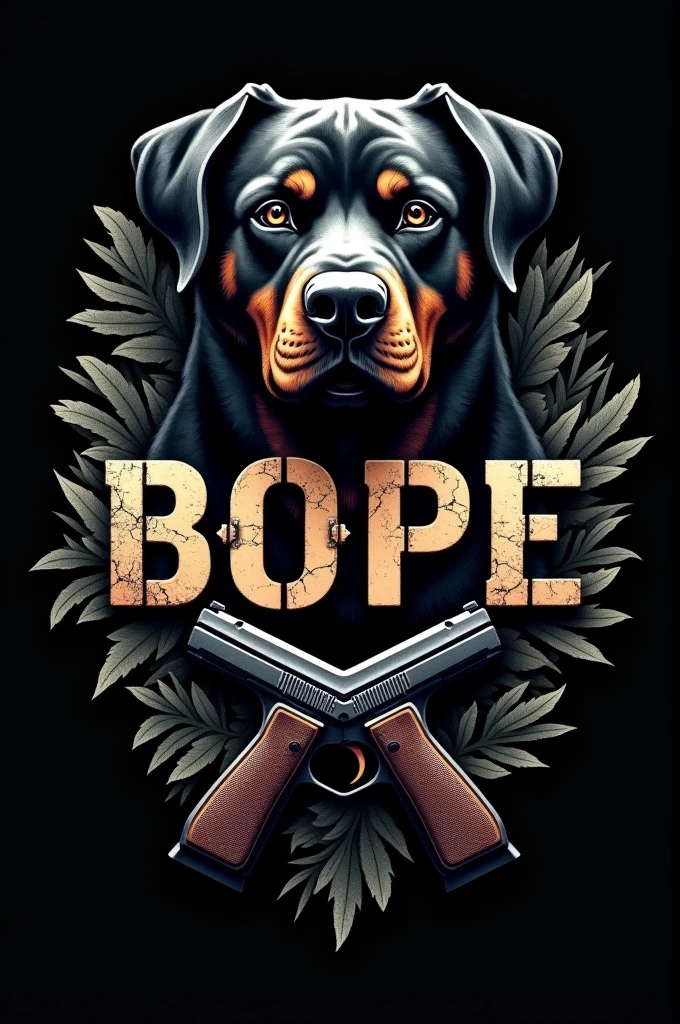 A logo of the BOPE police force with a Hottweiler head, black camouflage background, the word BOPE, and two pistols