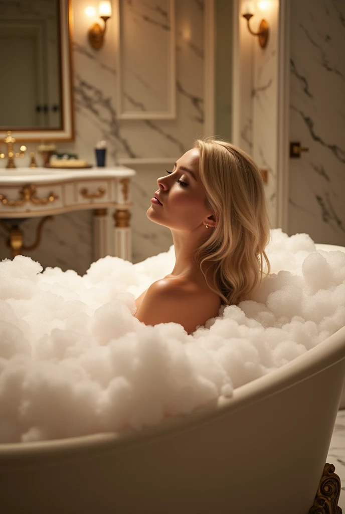 wife, bionde, corps courbe, tetas grandes, mature, high quality, Better quality, dans son bain, large bathroom, tout le corps cacher par la mousse, closed face, sexly, sensual
