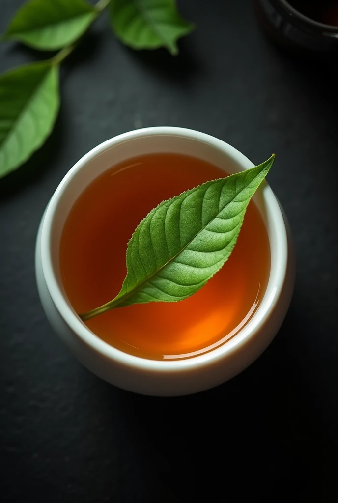 A piece of fresh tea leaves is floating in the middle of a tea cup filled with mountain tea.，simple，Movie Lighting，专业photography，Studio Lighting，Black desktop background，photography，Intricate details，Ultra Detail，Hyper-photorealism，8K Ultra HD top view，upper perspective