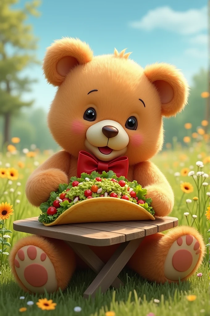 teddy bear with a bow tie eating a big taco