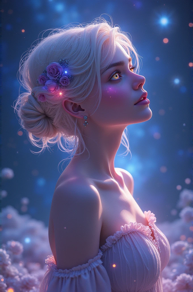 Elfa of the stars, lilac skin with short hair in a bun and half of the hair loose and galaxy colored eyes and hair with white dots