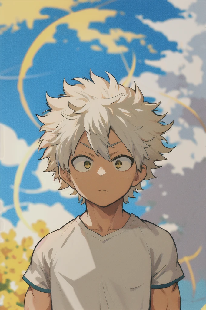 horikoshi kohei, 1man, one man, absurdres, best quality, white hair, short white hair, white shirt with short sleeves, blurry, blurry background, boku no hero academia, chama kou, highres, looking away, male focus, muscles, muscular male, closed mouth, yellow eyes,