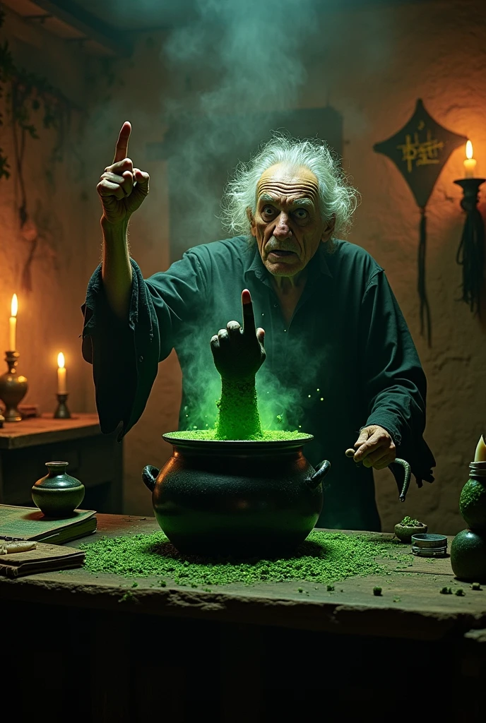 Witch stirring the cauldron, in the cauldron put a black arm showing giving a middle finger