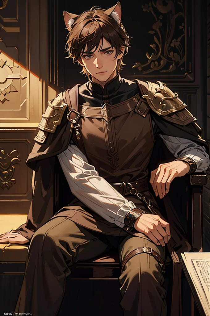 a man with short brown hair, grey eyes, wearing fantasy medieval clothing, sitting down, brown cat ears and a brown cat tail, highly detailed, photorealistic, 8k, hyperrealistic, masterpiece, intricate details, dramatic lighting, cinematic composition, rich colors, fantasy art