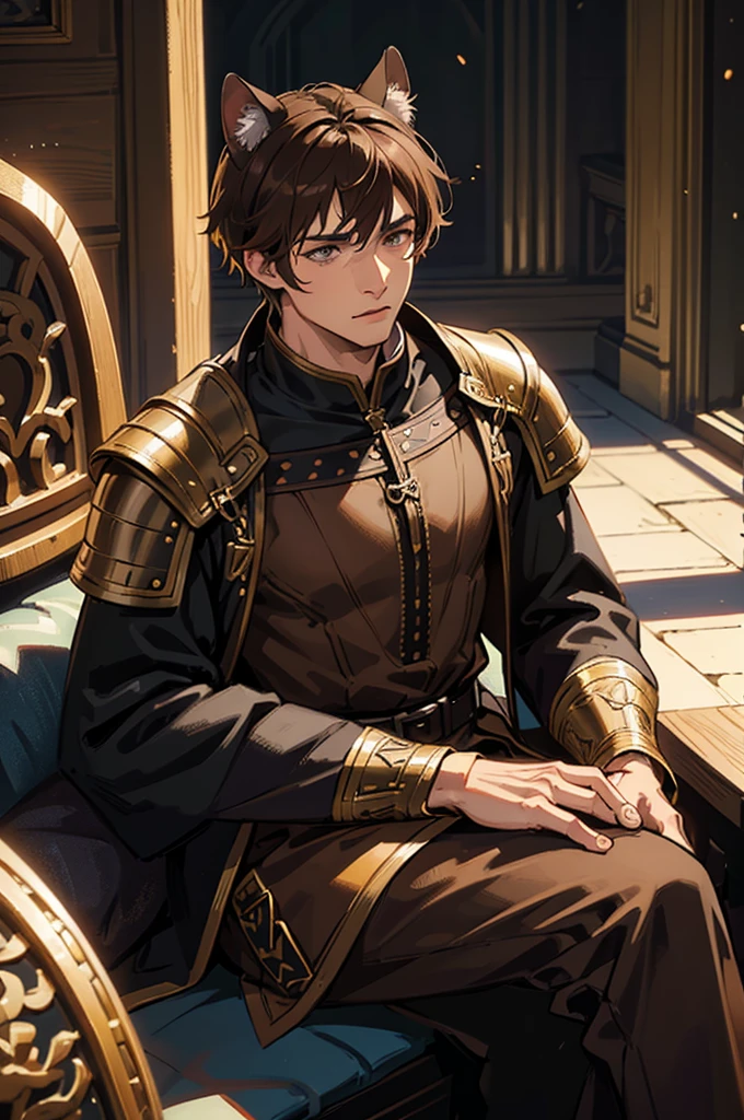 a man with short brown hair, grey eyes, wearing fantasy medieval clothing, sitting down, brown cat ears and a brown cat tail, highly detailed, photorealistic, 8k, hyperrealistic, masterpiece, intricate details, dramatic lighting, cinematic composition, rich colors, fantasy art