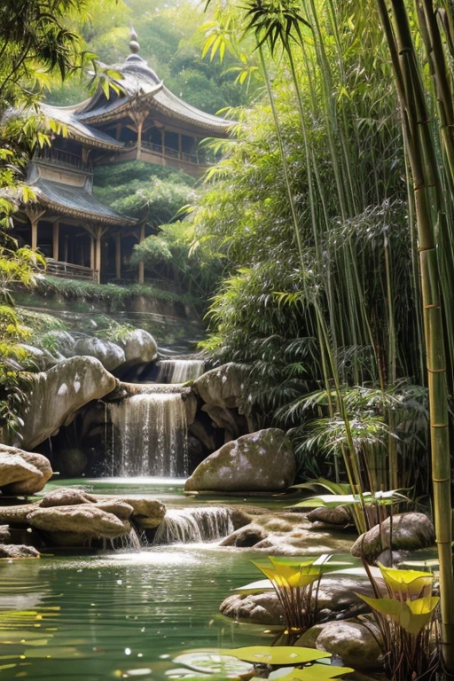Mysterious bamboo forest、green々Green bamboo shoots、Sunlight filtering through the leaves、A quiet pond where lotus flowers bloom、A crumbling ancient stone tower、Serene atmosphere、Quiet natural scenery、Very detailed、8k、Ultra-realistic、Cinematic lighting、Bright colors、Complex Texture、Beautiful composition,