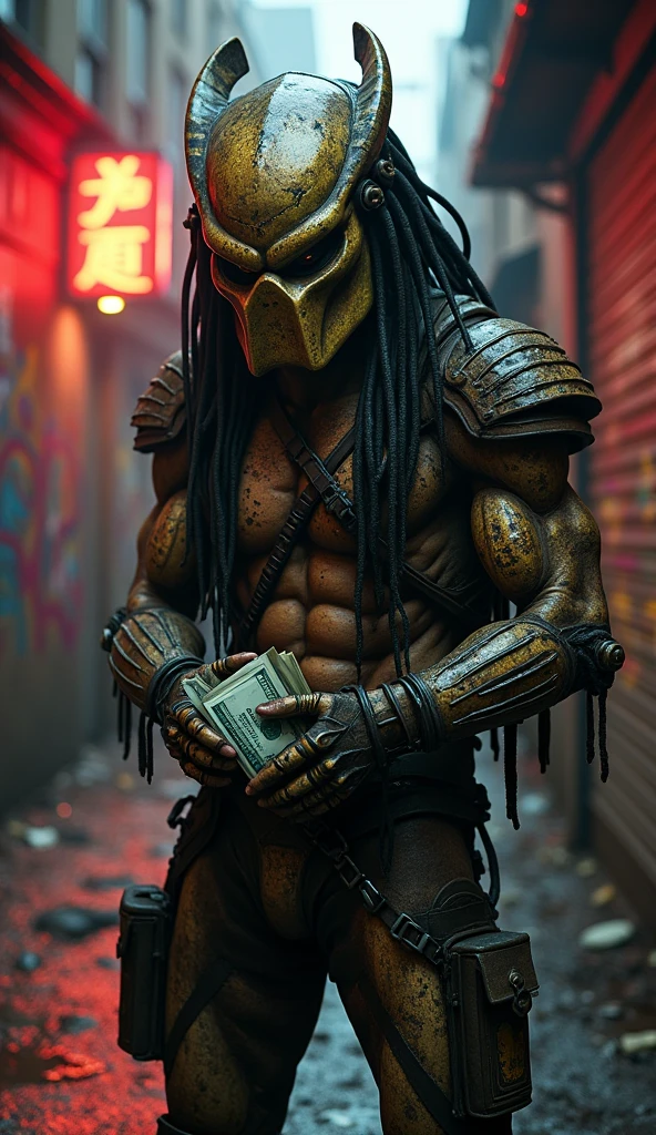 The Predator, hunched over in a tattered, dirty vest,,Holding a lot of cash,Pitiful,Predator helmet,His armor is all rusted,Street background,Depth of Field,High-resolution details,masterpiece