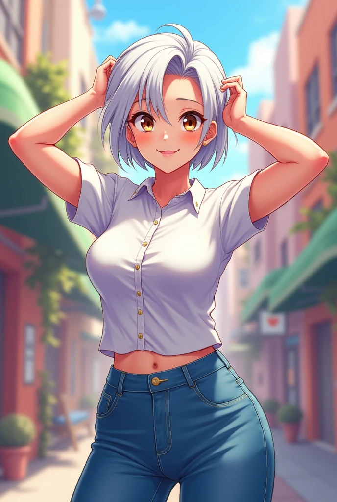 single mom, anime style, fitted white shirt, short hair up, big breasts, curvy waist, Wide hips, super tight jeans, very big buttocks, bright white skin, large light brown eyes, mischievous smile, holding back loose hair.