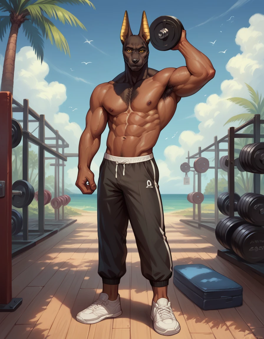 (1boy, solo), (boy is Anubis, (detailed eyes, face), muscular, he is working out), (scenery gym, tropical weather), (full body), (realistic)