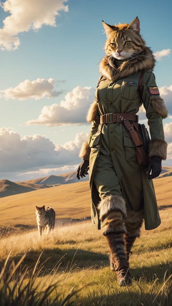A detailed and dynamic scene of the anthropomorphic cat character with green eyes and long fur, dressed in military gear, walking confidently through a vast golden grassland. The grass sways gently in the wind, and the sunlight bathes the entire scene in a warm glow. The sky is clear with a few wisps of clouds. The character's pose is relaxed yet vigilant, with one hand resting on a strap of her gear, and the other slightly brushing against the tall grass. Her fur and outfit are detailed and realistic, with the golden hues of the grass complementing her fur color.