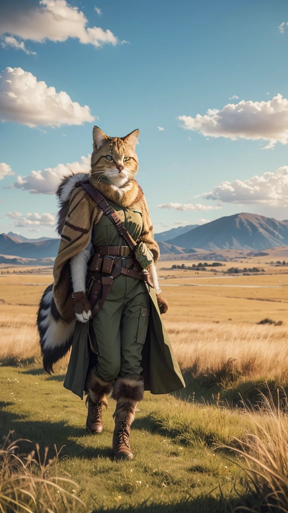 A detailed and dynamic scene of the anthropomorphic cat character with green eyes and long fur, dressed in military gear, walking confidently through a vast golden grassland. The grass sways gently in the wind, and the sunlight bathes the entire scene in a warm glow. The sky is clear with a few wisps of clouds. The character's pose is relaxed yet vigilant, with one hand resting on a strap of her gear, and the other slightly brushing against the tall grass. Her fur and outfit are detailed and realistic, with the golden hues of the grass complementing her fur color.