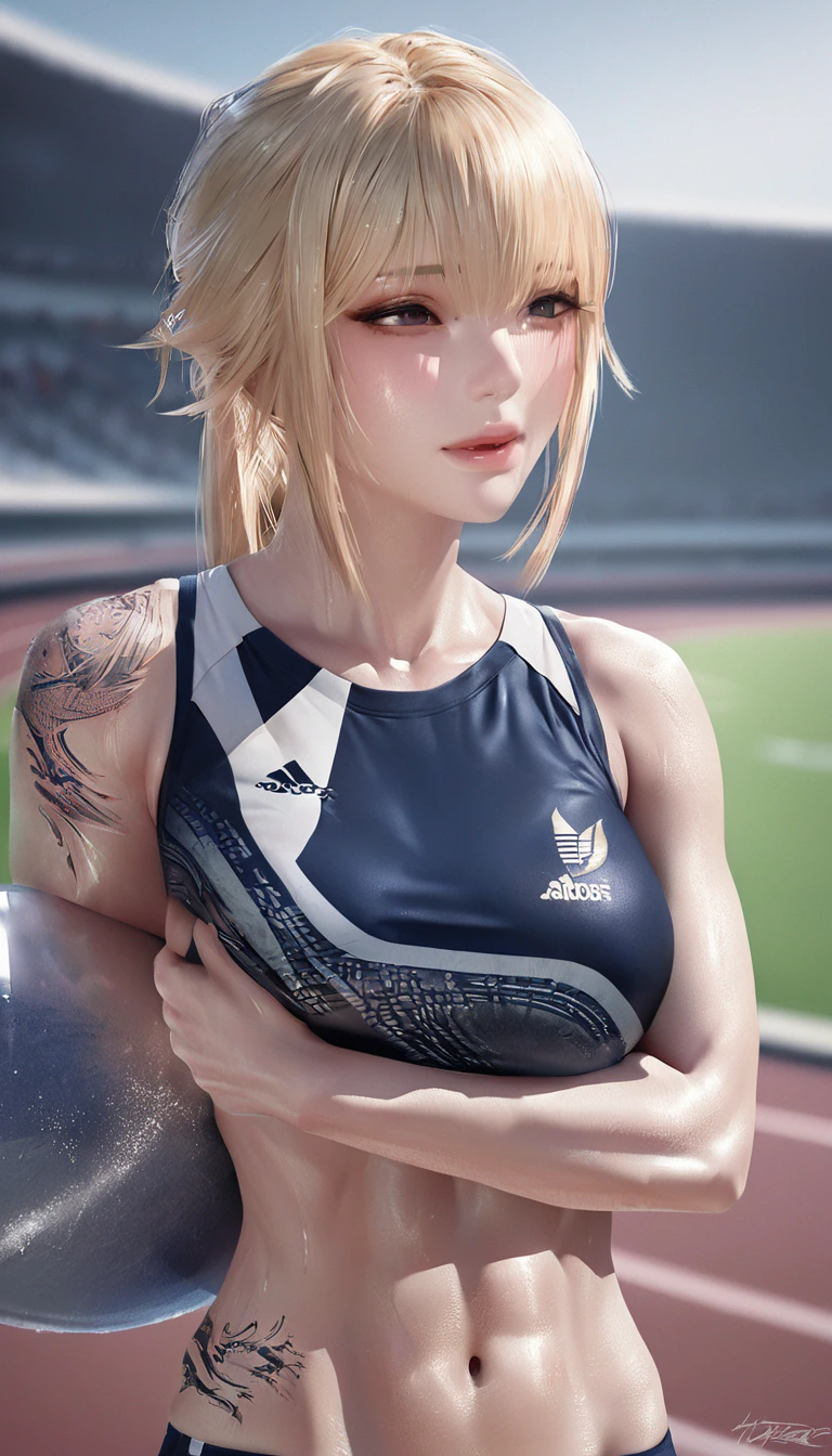 female track and field athlete, blonde up-hair, make-up, amorous and lewd face, superlative body proportion, covered in tattoos, track and field uniform, abs, warming up, shading effects, gradation magic effects, foggy filter effects, glitter effects, (ultra detailed, absolutely resolution, best quality:1.3), 2.5D, delicate and dynamic, artistic photography, hyper realistic, graphic CG digital art,