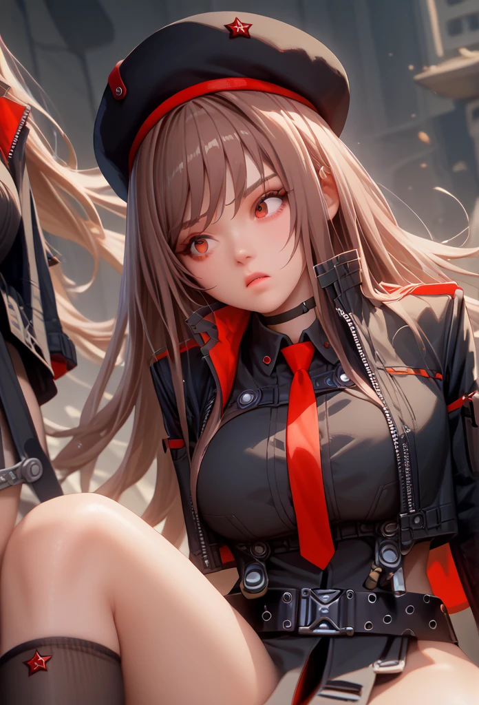 Lapidev, Red eyes, Brown Hair, Long Hair, bangs, beret, Black jacket, Cropped jacket, Red tie, gloves, Black Shirt, belt, Knee socks,9,score_8_superior,score_7_superior,masterpiece,Highest quality,Perfect Anatomy,so beautiful,Official Art,8k,Shiny_skin,fair_skin,white_skin, eiza、the throat is bulging、Thighs:1.4,Large Breasts:1.5,Sword Swallowing Position,The choker broke.